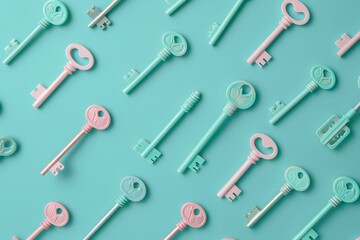 Minimalist plain cyan background for key imagery, arranged in an orderly pattern with pink and green clothespanion pins forming the shape of keys on top. A flat lay composition with soft lighting acce