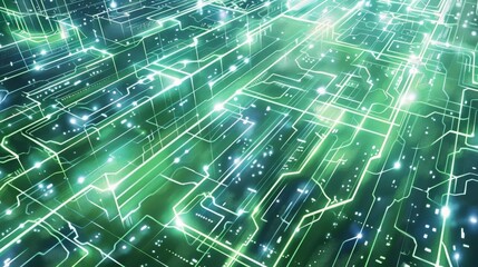 Obraz premium Minimalist abstract background featuring neon green lines forming a network of connections in a 3D space, highlighting a futuristic tech concept
