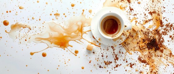 Coffee Spill with Cup: Artful Mess on White Background