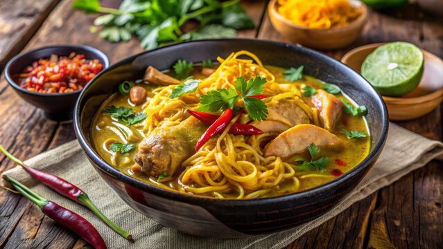 Steaming hot bowl of Thai khao soi filled with tender chicken, curry noodle soup, and tangy pickled mustard greens.
