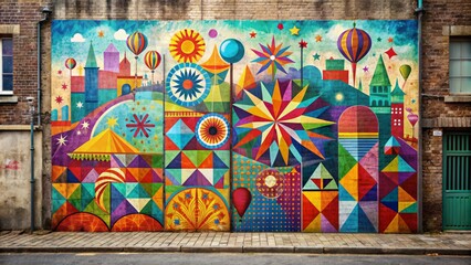 Vibrant colorful abstract geometric shapes decorate a distressed street wall art-inspired festival backdrop for a lively carnival event poster design.
