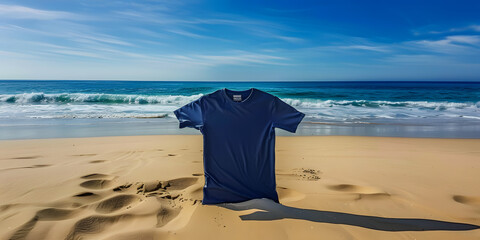 Navy blue t-shirt mockup lying on sandy beach with ocean waves and clear blue sky in the background, empty space for text or design.