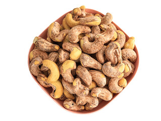 A plate of nutritious breakfast nuts cashews on a white background