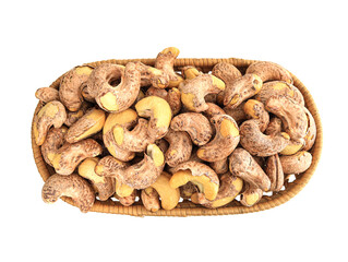 A plate of nutritious breakfast nuts cashews on a white background