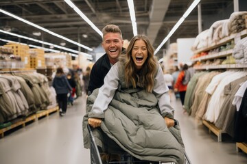 Young married couple shopping together in a vast clothing store selecting trendy outfits