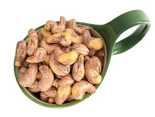 A plate of nutritious breakfast nuts cashews on a white background