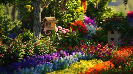 A charming garden with a mix of flowering annuals arranged in a rainbow pattern, a small birdhouse hanging from a tree.