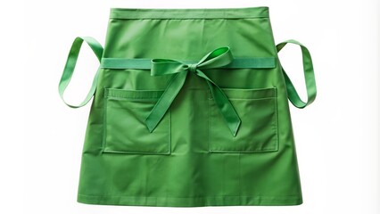 Vibrant green apron featuring large pocket and elegant bow-tied belt, beautifully isolated on a crisp white background awaiting design.
