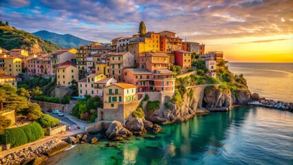 Naklejka premium Panoramic serene morning vista of pastel-hued Mediterranean town perched on steep cliff overlooking turquoise sea and surrounding hills.