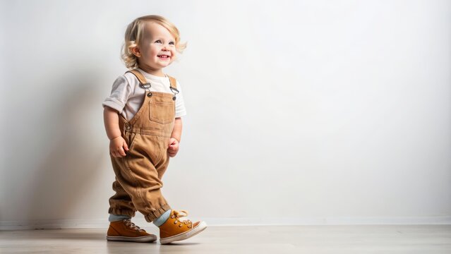 Adorable towheaded toddler stands sideways in brown overall and sneakers on white background with bright beaming smile.
