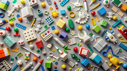Vibrant gray and white background with scattered toys, books, and blocks, capturing a sense of curiosity and exploration.