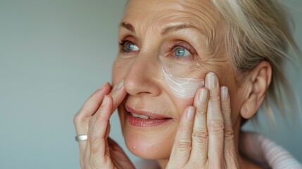Photograph of an elderly woman applying anti-aging cream