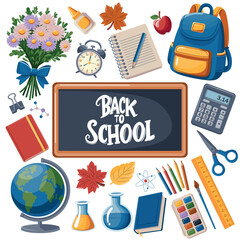 Back to school is the title of the image. A variety of school supplies, including a clock, a backpack, a calculator, a ruler, a book, and a pencil. Vector set of elements.