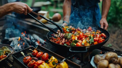 Naklejka premium Photos of food preparation for vegetarians during BBQ included.