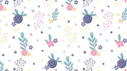 Colorful floral seamless pattern with flowers and hearts hand drawn.