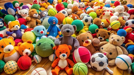 Obraz premium Colorful sports-themed plush toy scattered on the floor surrounds a vacant space, evoking a sense of playful innocence.
