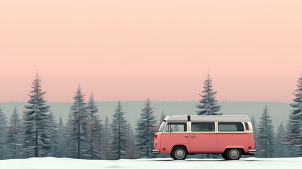 Minimal pc Background with Solid Soft Colors Featuring a Cute Van, Trees, and a Palette of Pink, Cold Green, Brown, and Grey