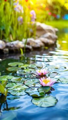 Highresolution photo of a serene garden with blooming flowers and a tranquil pond, Peace, Tranquil garden