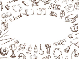 Back to School, hand drawn school supplies, template. Doodle lettering and school object collection. Education Concept. Vintage sketch element. Vector illustration. Back to School.