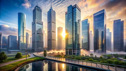 Naklejka premium Modern urban landscape featuring sleek skyscrapers with reflective glass facades towering above city streets amidst misty morning atmosphere.