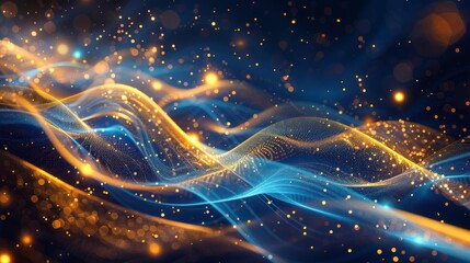 Sophisticated abstract background showcasing a Plexus effect with neon blue and gold dots connected by crisp white lines, portraying a hightech concept