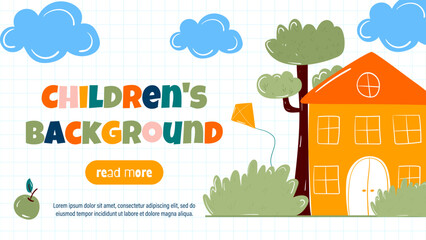 Colorful drawing with a cute house, school, or kindergarten building.