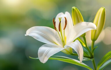 Detailed photo of a single white lily, representing purity and inner peace, Peace, White lily