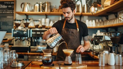 Professional barista preparing coffee using chemical pour over coffee maker and drip kettle. Alternative ways to make coffee coffee shop concept
