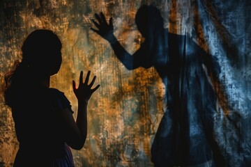 A shadowy figure with a raised hand in a threatening gesture, with a victim cowering in the foreground