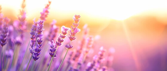 Naklejka premium Crisp photo of lavender fields under a serene sunset, symbolizing relaxation and peace, Peace, Lavender fields