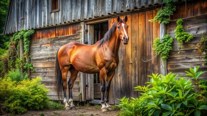 Majestic quarter horse stands proudly against rustic weathered wooden barn wall with worn stone foundation andovergrown surrounding foliage.