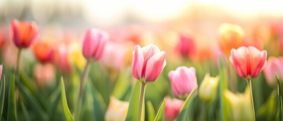 Crisp photo of a vibrant field of tulips, representing happiness and renewal, Happiness, Tulip field