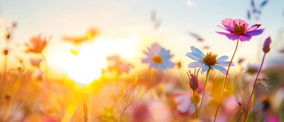 Stunning photo of a peaceful sunrise over a field of wildflowers, symbolizing renewal and peace, Peace, Sunrise flowers