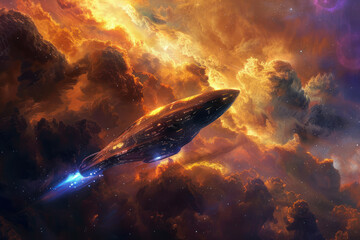 An alien spaceship in a cosmic cloud 