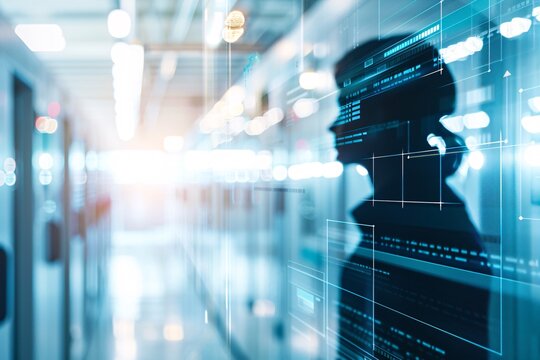 The silhouette of a manager is highlighted by a futuristic warehouse setting with automated machinery and digital interfaces, emphasizing technological advancements. The image provides ample