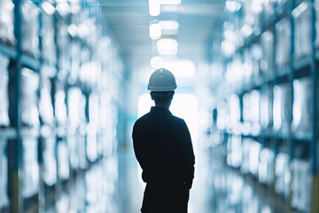 In a modern logistics facility, the silhouette of a manager surveys automated processes, symbolizing efficiency and innovation in supply chain management. The image includes plenty of copyspace.