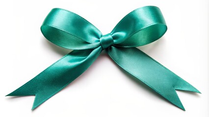 Delicate teal ribbon tied in a bow shape on a soft focus isolated white background, symbolizing cervical cancer awareness.