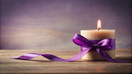 A solitary, delicate, purple ribbon gently wrapped around a wooden consciousness candle on a serene, gradient background.
