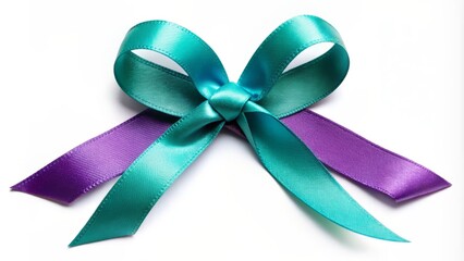 Vibrant teal and purple ribbons intertwined and tied in a gentle bow, symbolizing hope and support for suicide prevention awareness.
