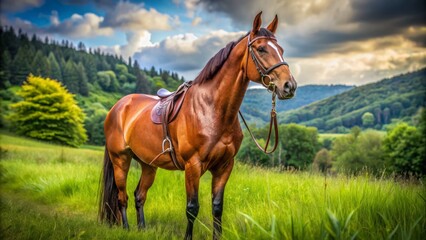Obraz premium Majestic brown horse stands proudly in a lush green meadow wearing a intricately designed brown leather bridle and reins alone.