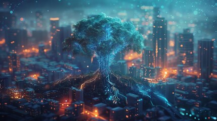 Fototapeta premium A futuristic landscape featuring a tree made entirely of light nodes and digital circuits