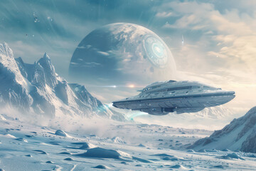 A spaceship landing on an icy planet
