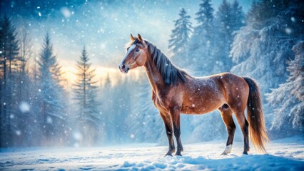 Majestic yearling horse stands alone in winter wonderland, frosty breath visible, snowflakes gently falling on its fur, serene atmosphere.