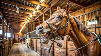 Fototapeta premium Serene horse stands calmly in a well-lit barn, open mouth revealing healthy teeth, with dental speculum and halter nearby.