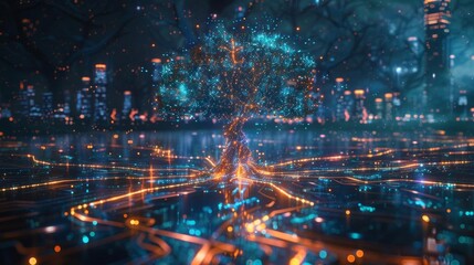 Obraz premium A cyberpunkinspired landscape where a tree of light nodes and digital circuits dominates the scene The background features a city with illuminated buildings