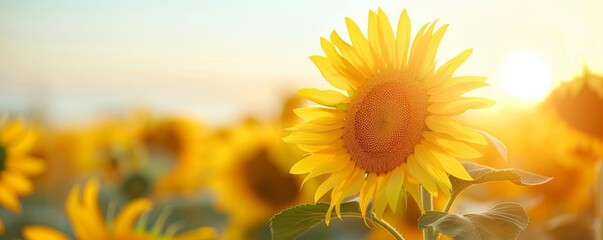 Obraz premium Detailed photo of a calming sunflower field at sunset, symbolizing joy and tranquility, Happiness, Sunflower field