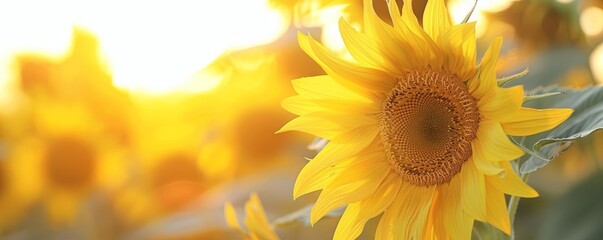 Fototapeta premium Detailed photo of a calming sunflower field at sunset, symbolizing joy and tranquility, Happiness, Sunflower field