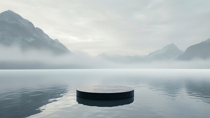Circular Platform on Misty Lake with Mountain Scenery
