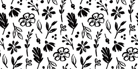 Flower brush seamless pattern. Floral abstract hand drawn brush paint background. Sketch hand drawn leaf floral paint seamless pattern. Black simple texture flower background. Vector illustration