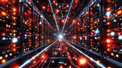 Fototapeta premium A hightech digital environment featuring a grid of glowing blue lines and nodes The scene is dynamic with light streaks and a bright central axis